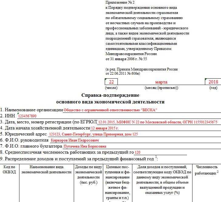 Фсс сроки. Справка-подтверждение образец заполнения. Приложение 2 справка-подтверждение. Справка о виде деятельности компании. В справке подтверждении место регистрации.