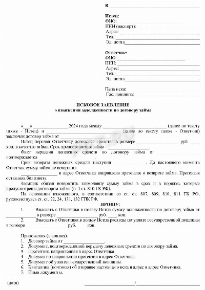 Образец искового заявления о взыскании долга по договору займа в 2024 году