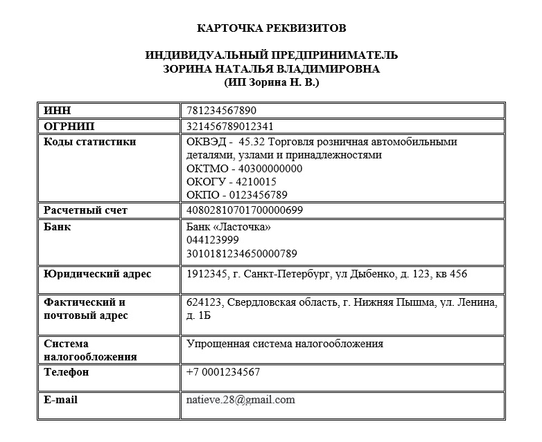 Образец карточки реквизитов 