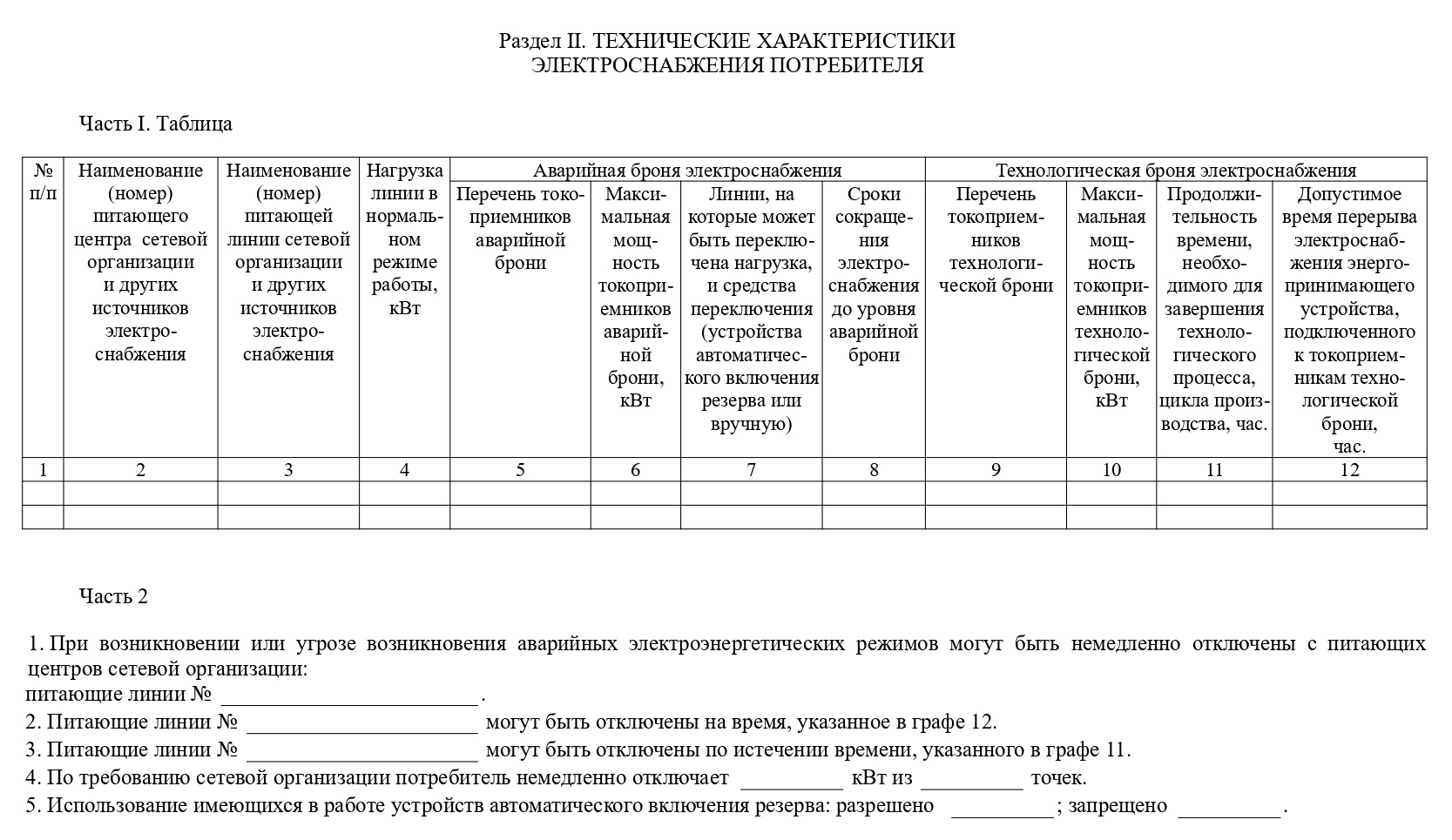 Правила оформления аварийной и технологической брони на объект  электроснабжения