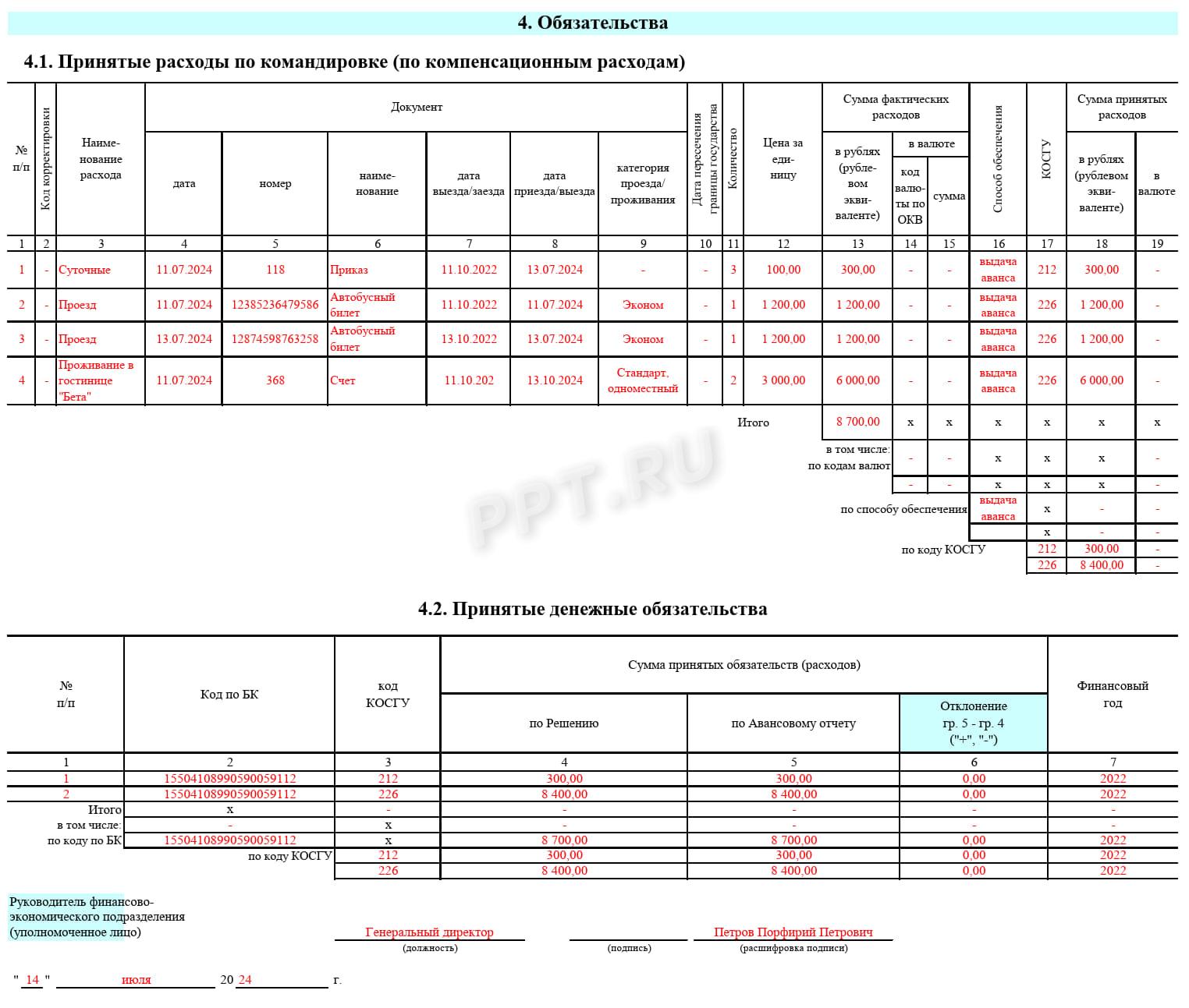 Отчет о расходах (разделы 2 и 3)