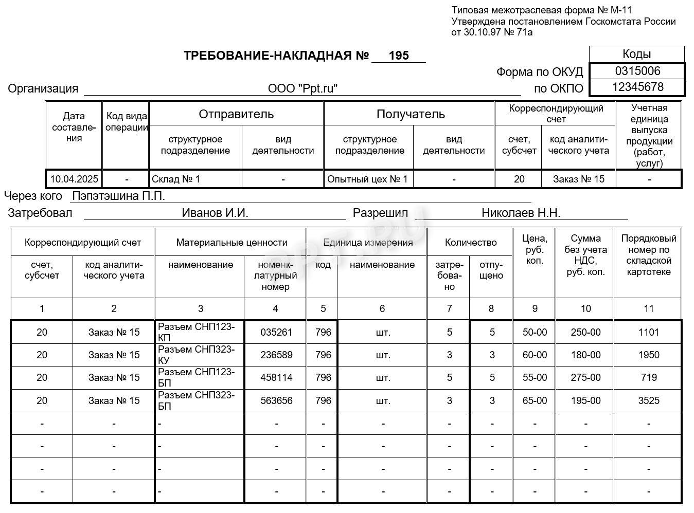 Образец требования-накладной по форме М-11 (стр. 1)