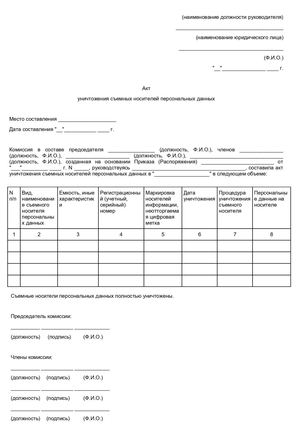 Акт уничтожения персданных, стр. 1 Акт уничтожения персданных, стр. 1