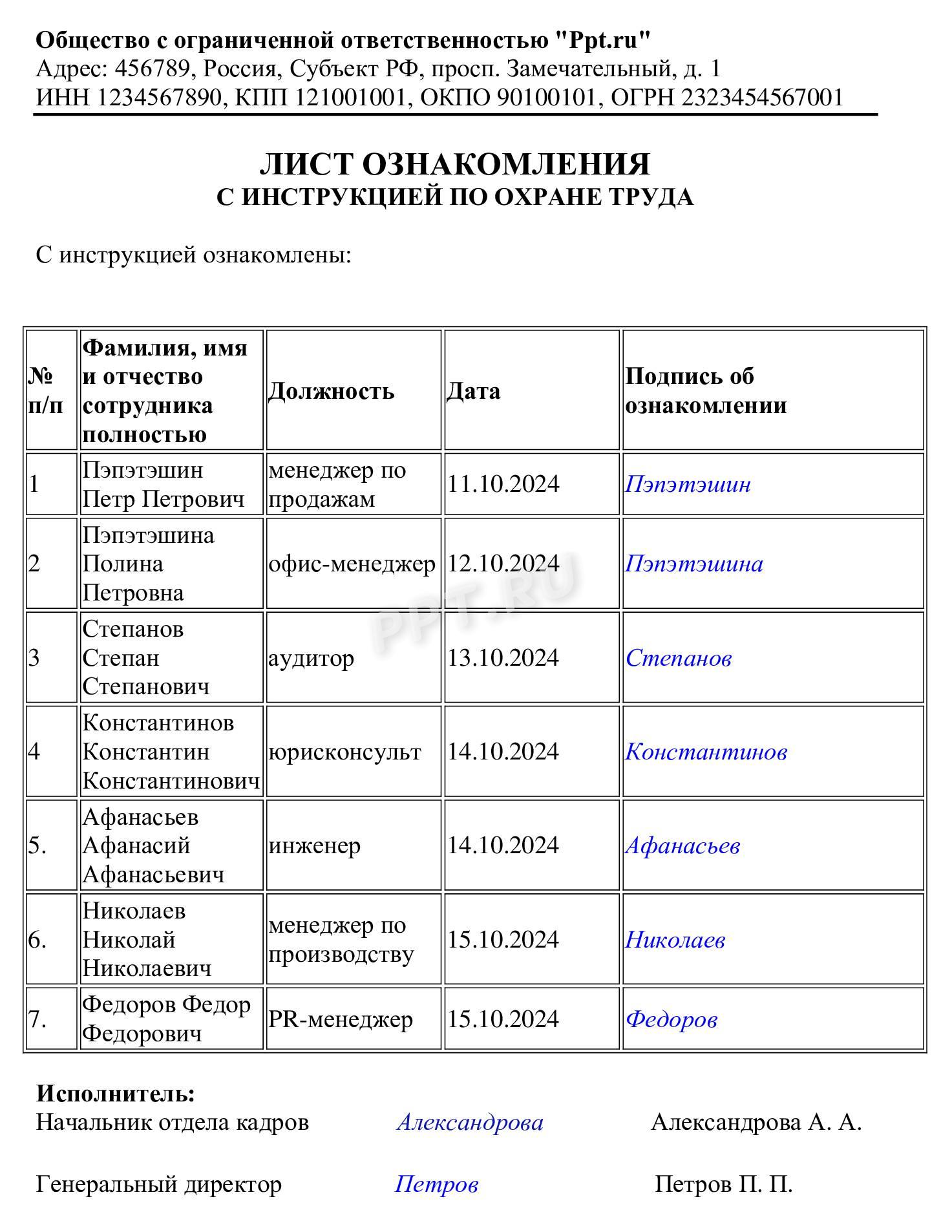 Образец листа ознакомления с инструкцией по охране труда