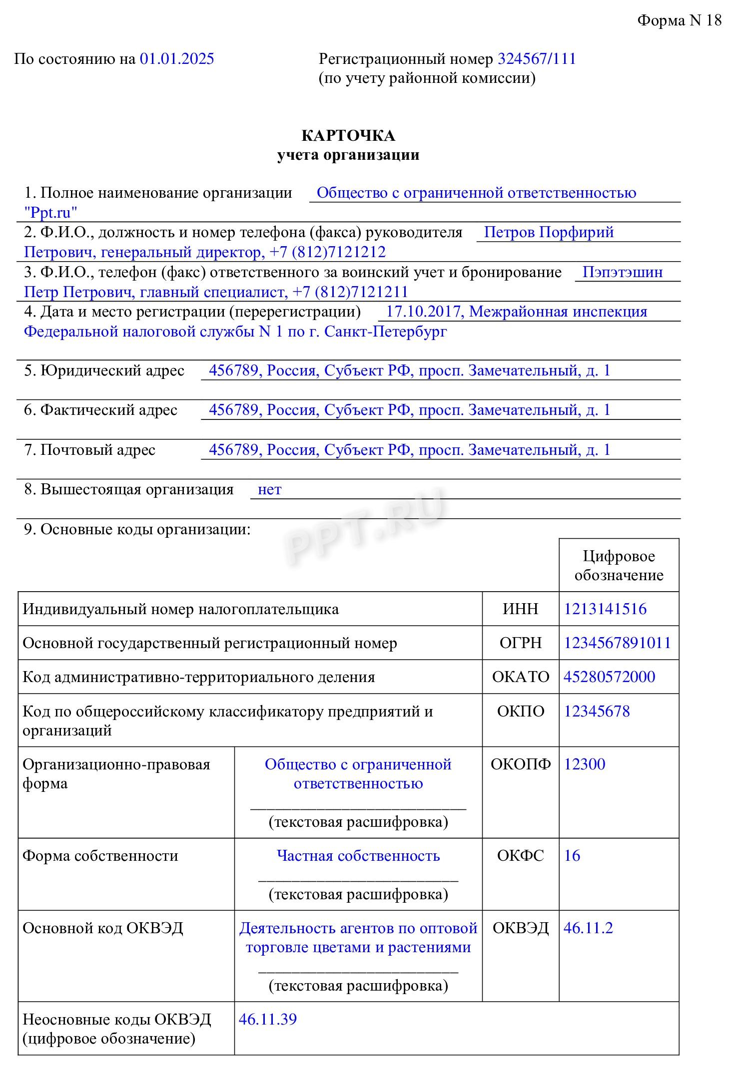 Образец карточки учета компании по форме № 18