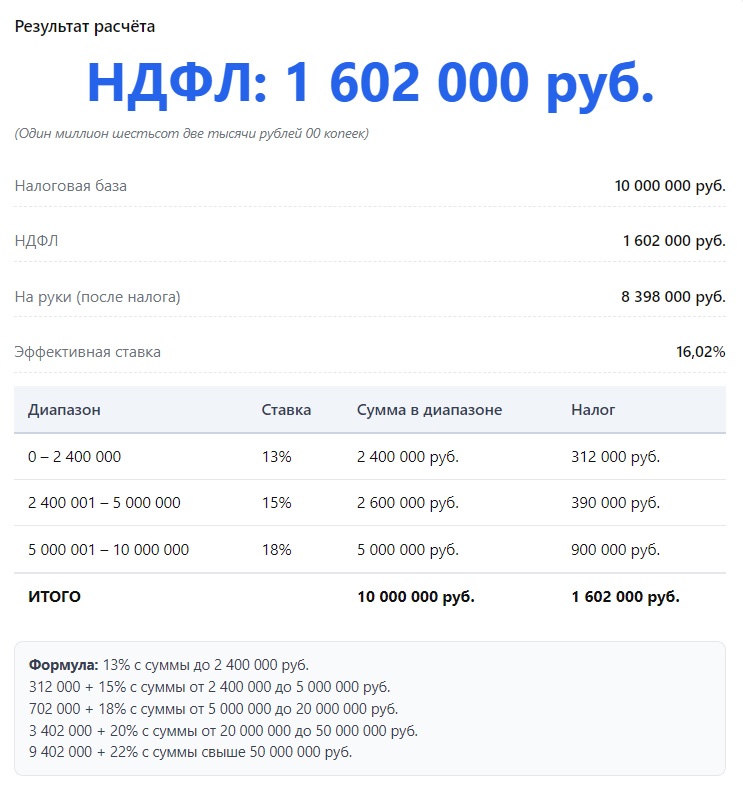 Результат онлайн-расчета НДФЛ по прогрессивной шкале для нерезидента Результат онлайн-расчета НДФЛ по прогрессивной шкале для нерезидента