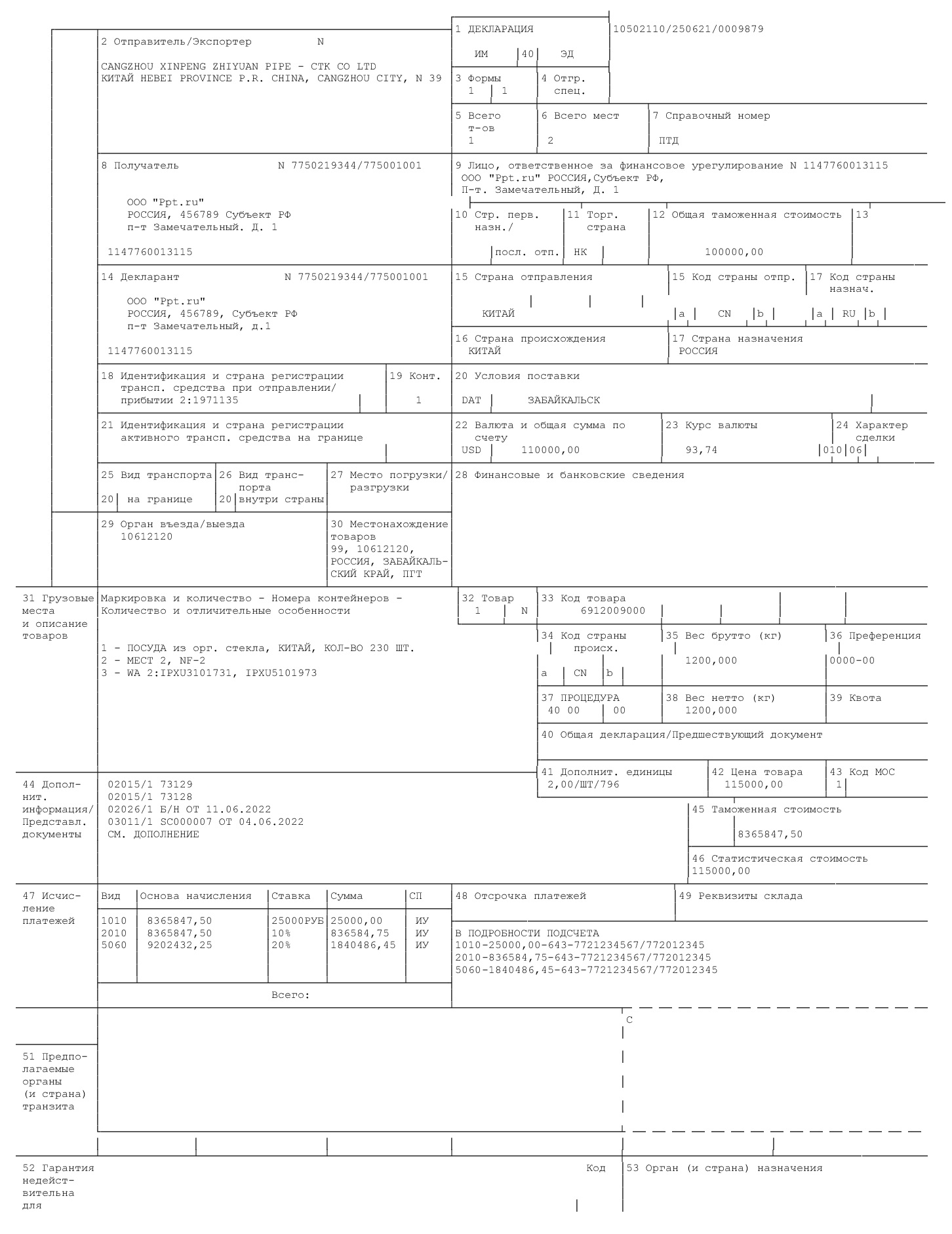 Форма электронной таможенной декларации