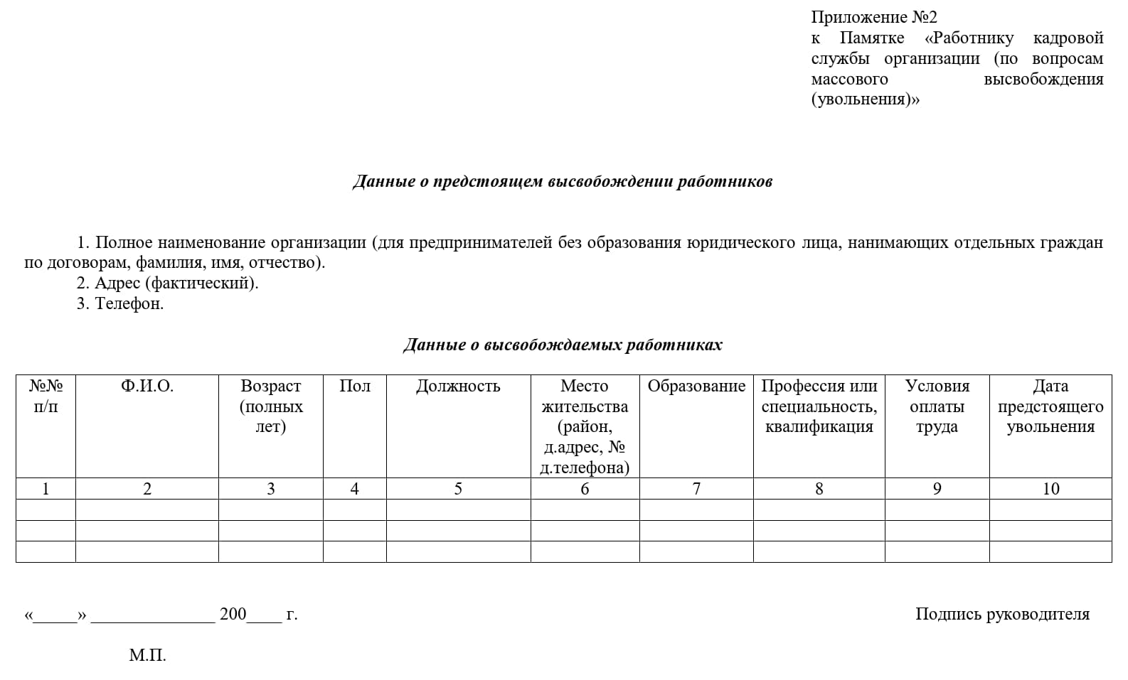 Сведения для направления в службу занятости о предстоящем высвобождении работников