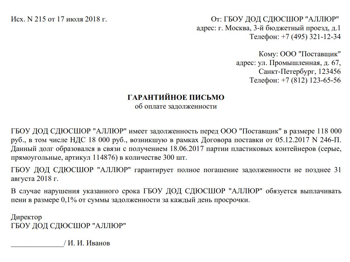 Образец гарантийного письма об оплате товара 2024