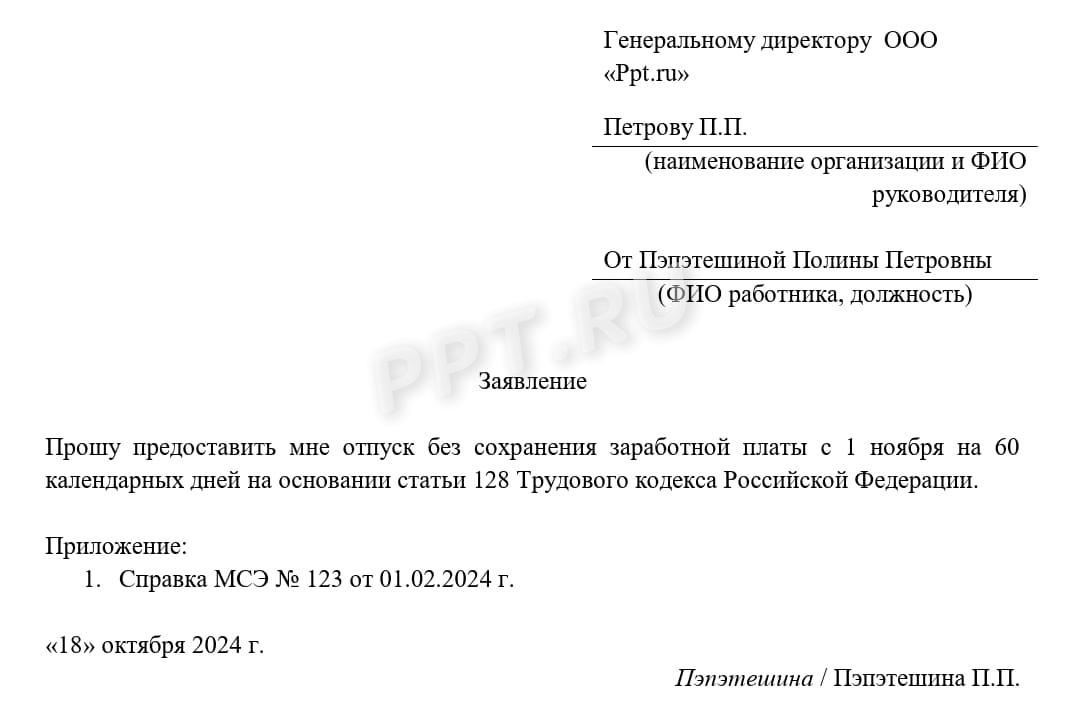 Пример заявления на дополнительный отпуск инвалида