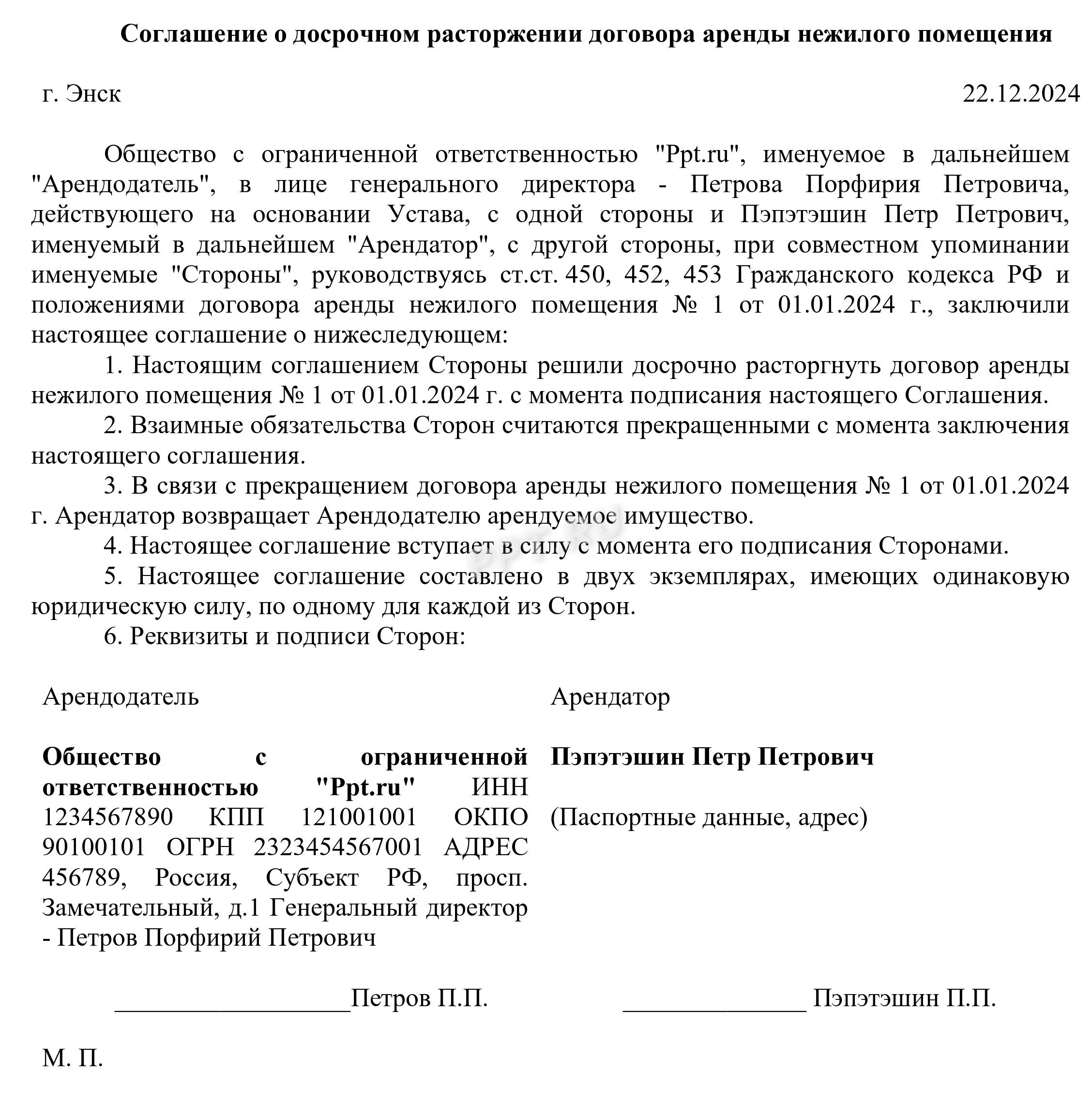 Образец соглашения о досрочном расторжении договора аренды нежилого помещения