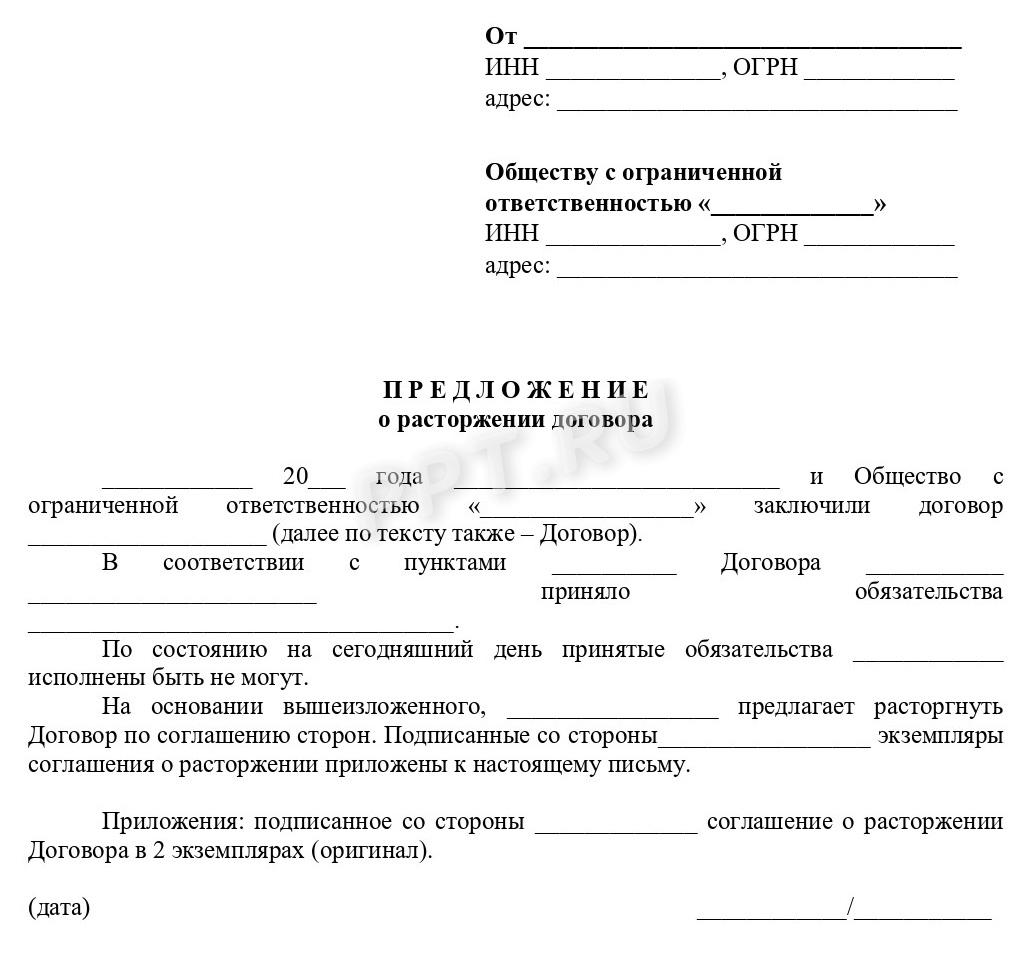 Бланк сопроводительного письма к соглашению о расторжении договора
