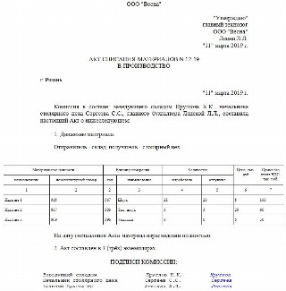 Акт списания материальных ценностей пришедших в негодность образец