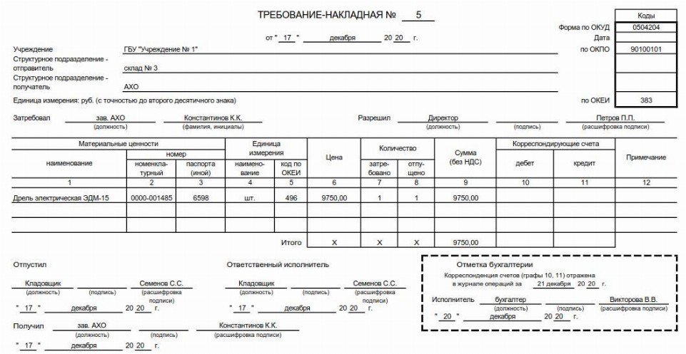 Образец накладная м11 образец заполнения