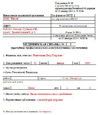 Образец заполнения справки бк на ребенка несовершеннолетнего