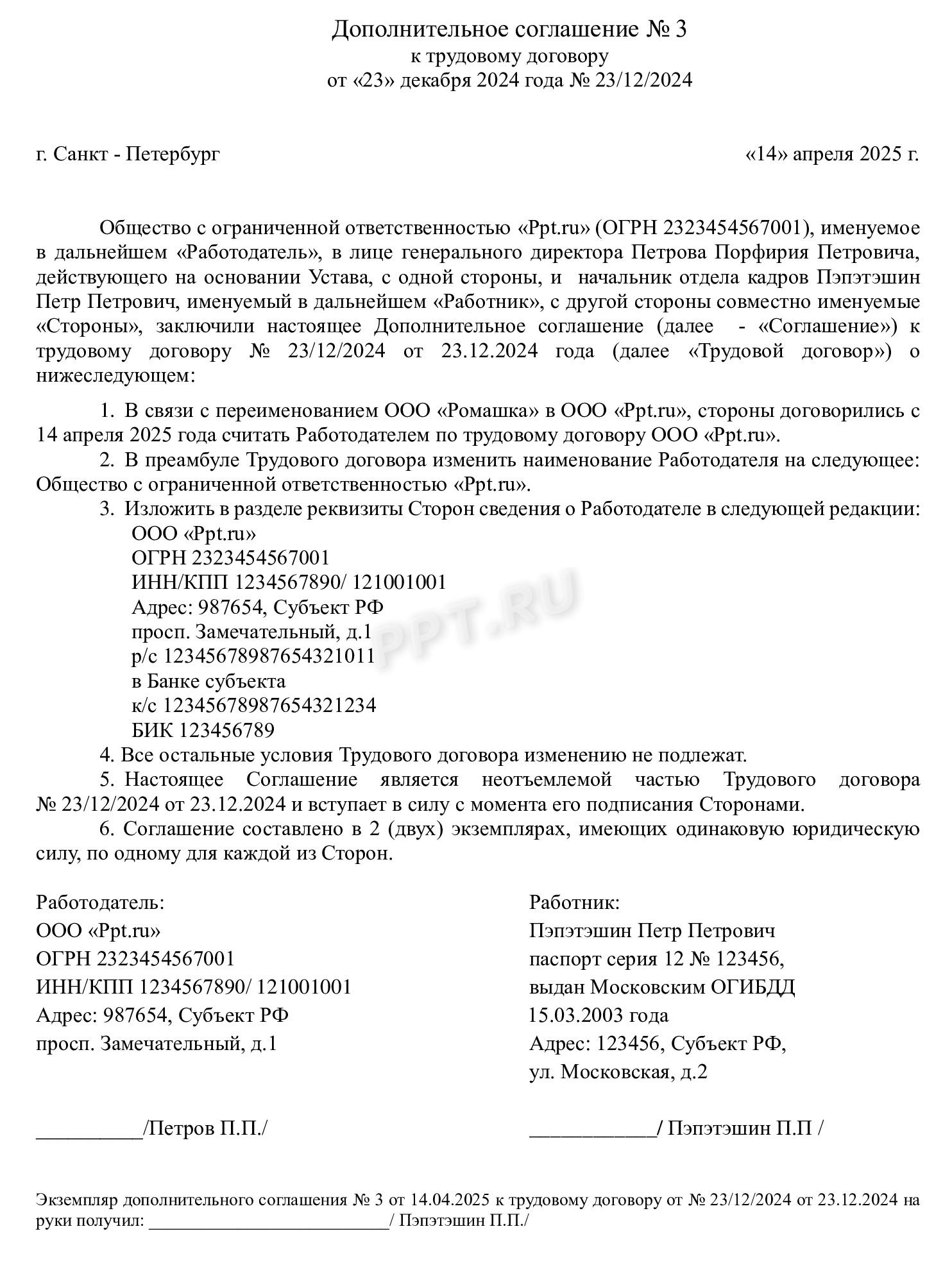 Дополнительное соглашение к трудовому договору о переименовании организации Дополнительное соглашение к трудовому договору о переименовании организации