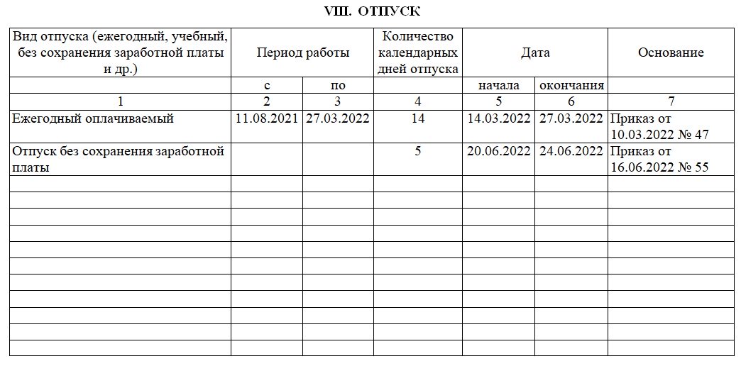 Образец заполнения карточки т2 при увольнении