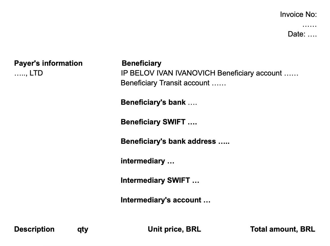 Образец инвойса Образец инвойса