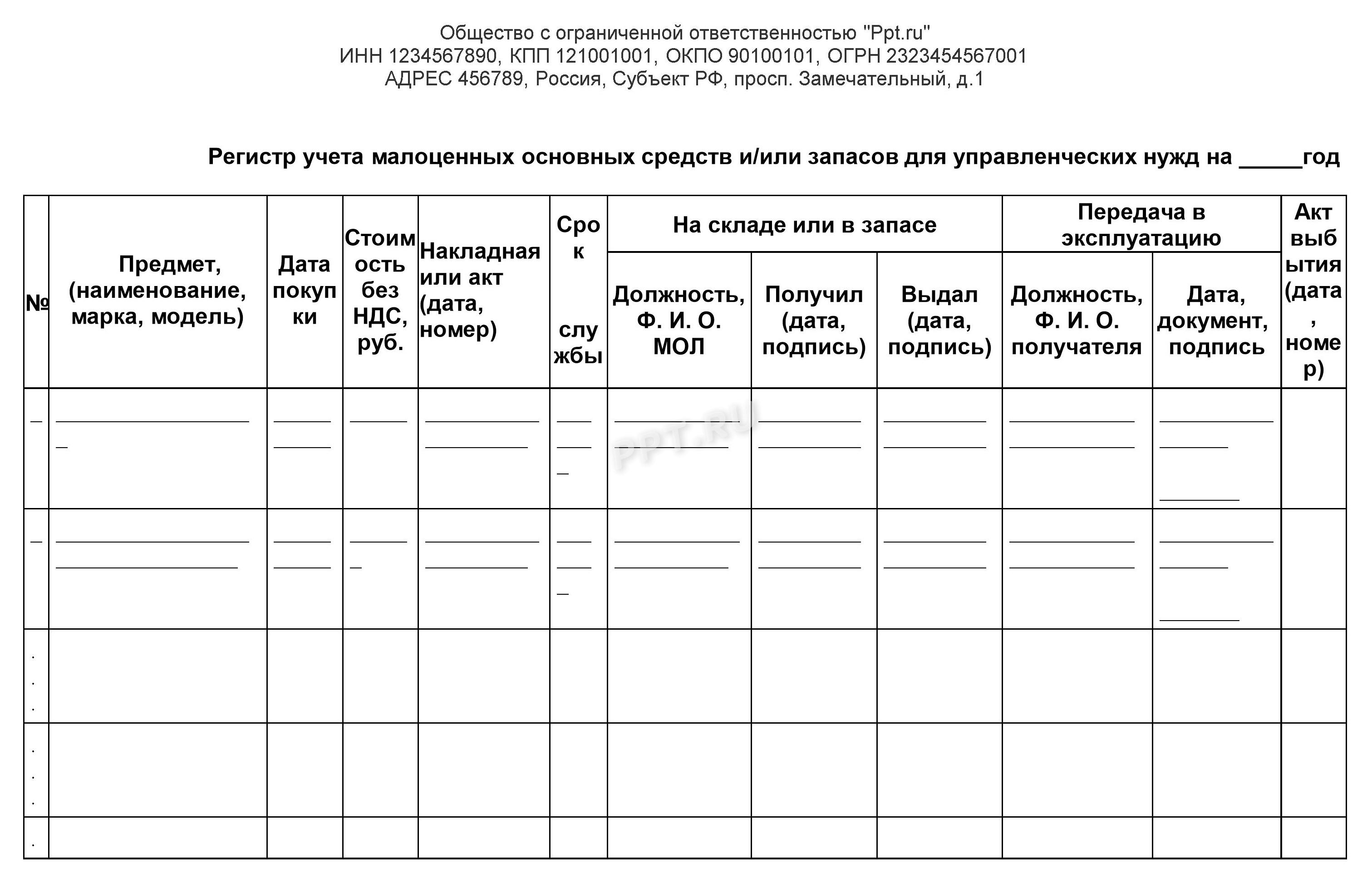 Регистр учета малоценных НМА Регистр учета малоценных НМА