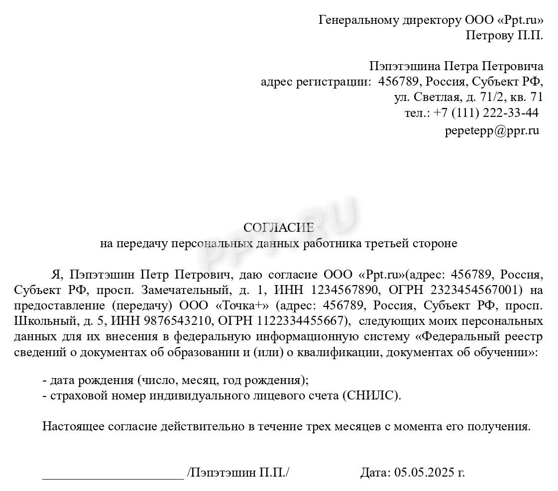 Согласие на передачу данных третьей стороне