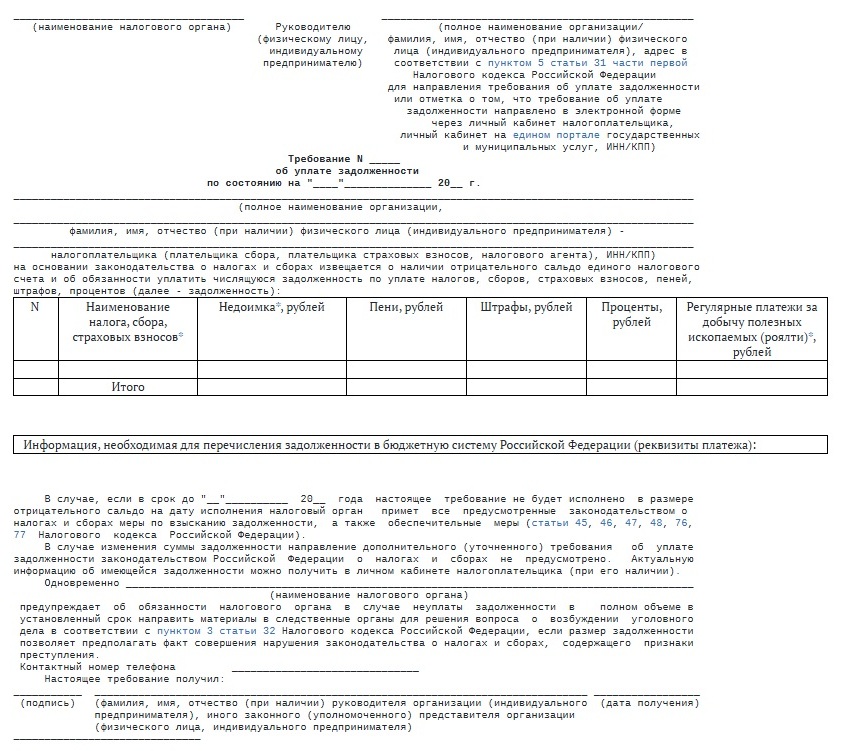 Форма требования об уплате от ИФНС