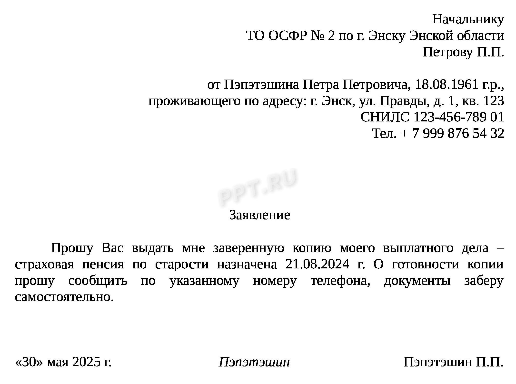 Заявление в СФР на получение копии выплатного дела
