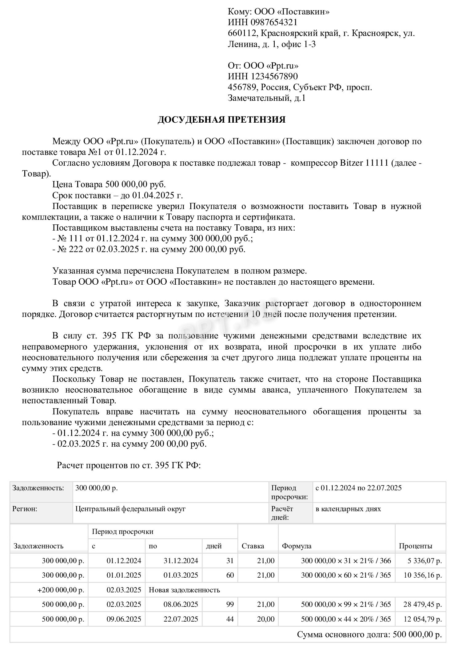 Образец претензии к поставщику по непоставке товара в срок Образец претензии к поставщику по непоставке товара в срок