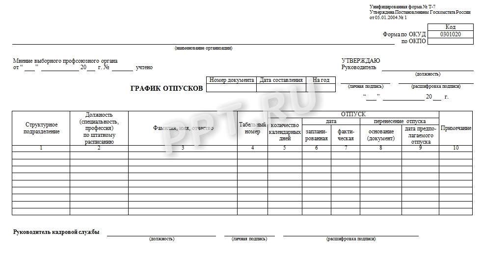 График отпусков по унифицированной форме № Т-7