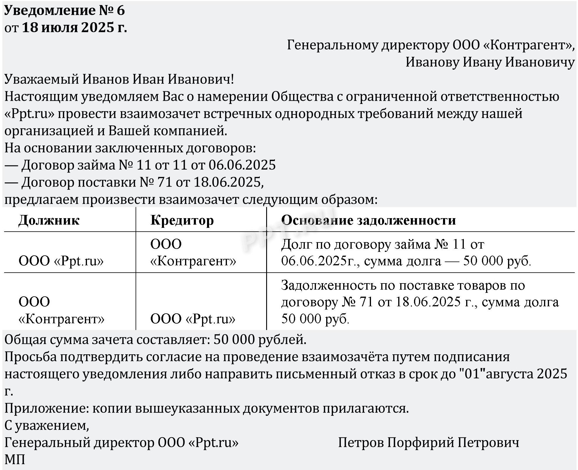 Уведомление о проведении взаимозачета Уведомление о проведении взаимозачета