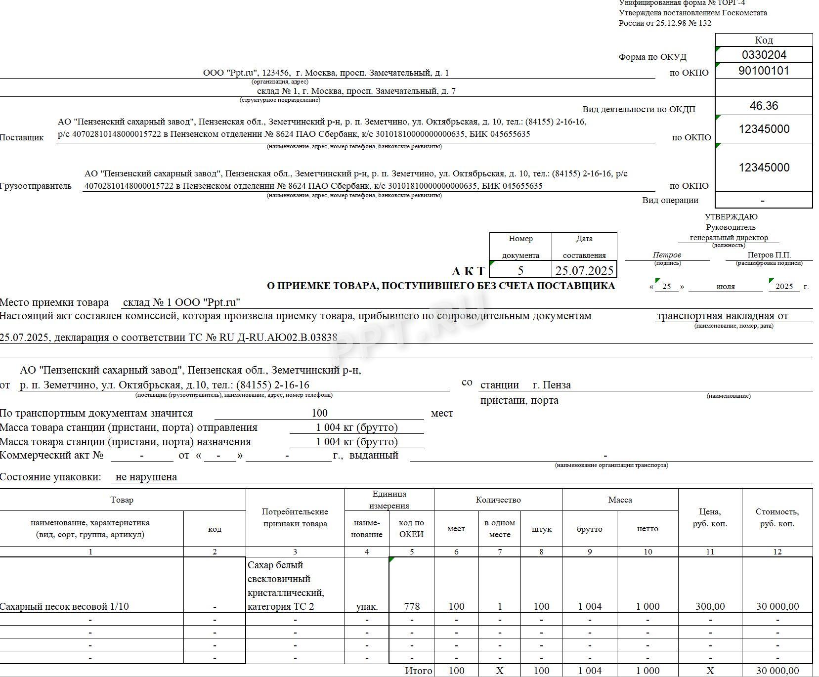 Образец акта о приемке товара, поступившего без счета поставщика (стр. 1)