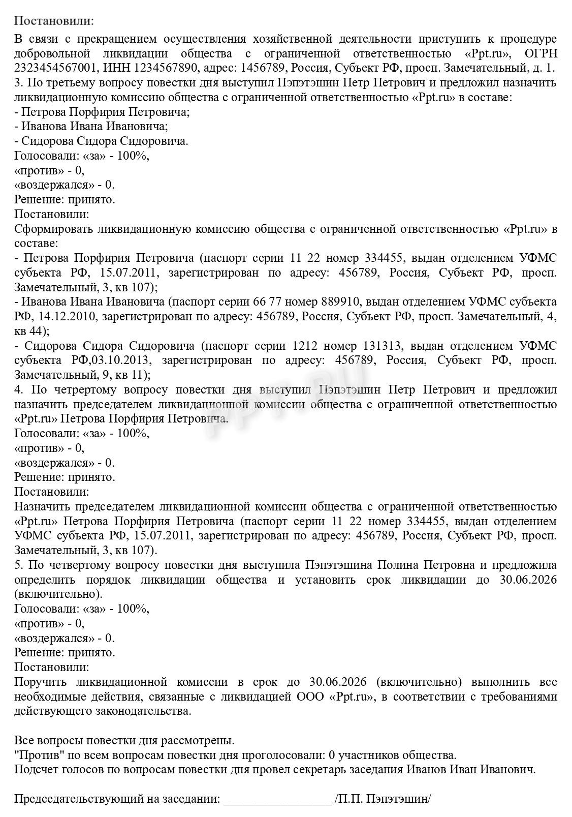 Выбор председателя ликвидационной комиссии