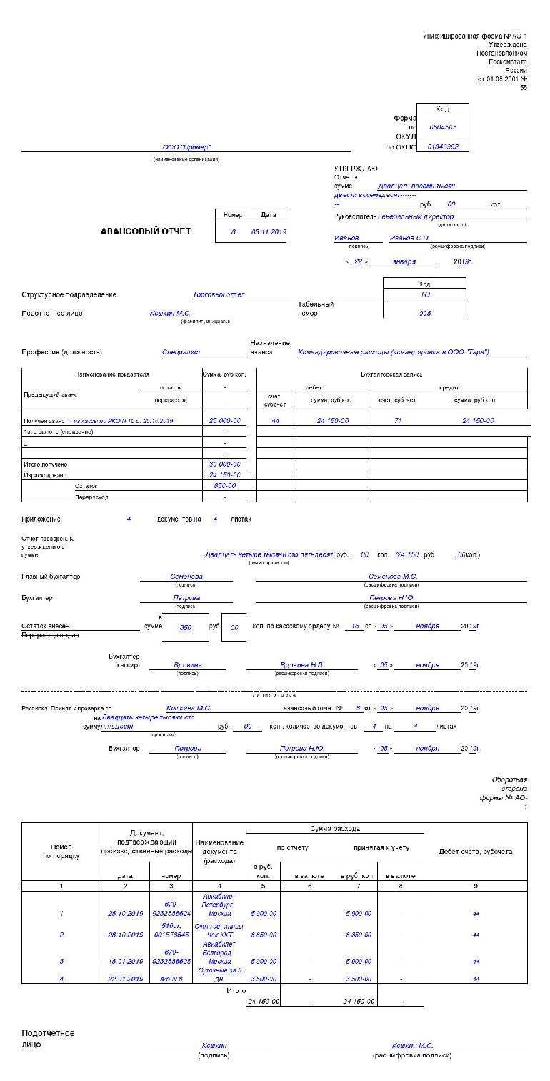 Авансовые отчеты образец