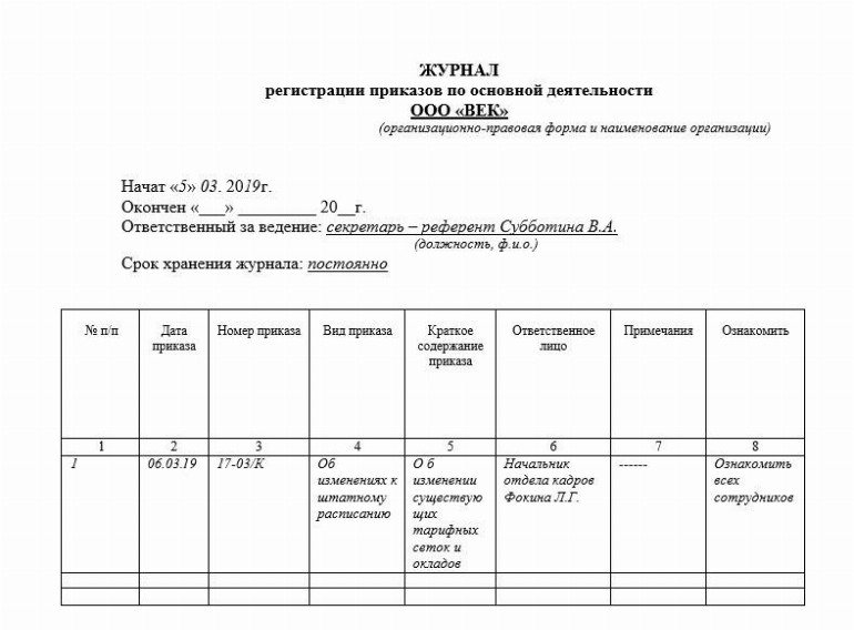 Журнал по основной деятельности образец