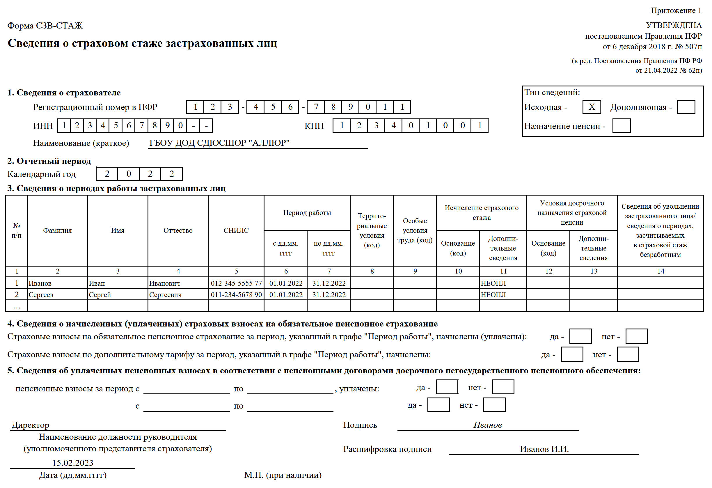 Образец заполнения СЗВ-СТАЖ с работниками без зарплаты Образец заполнения СЗВ-СТАЖ с работниками без зарплаты