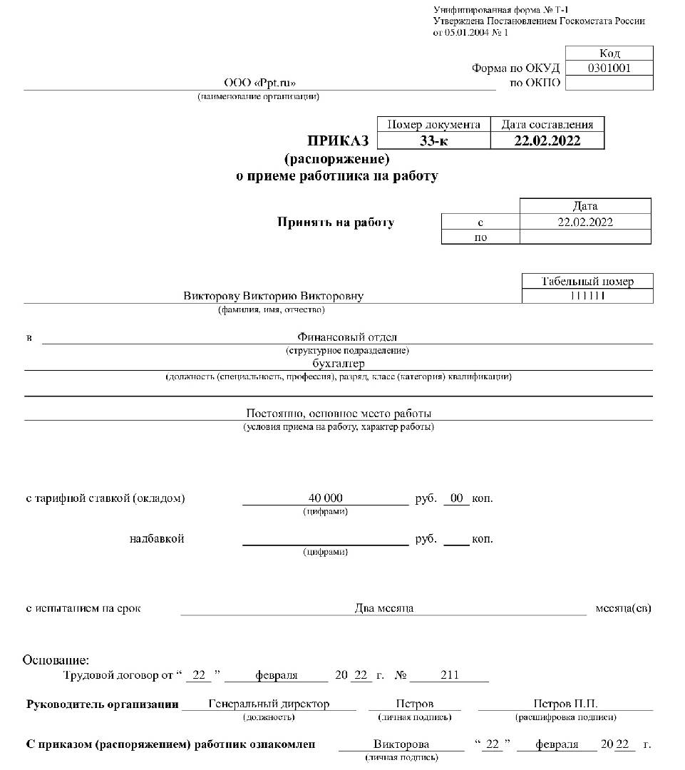 Проект приказ образец