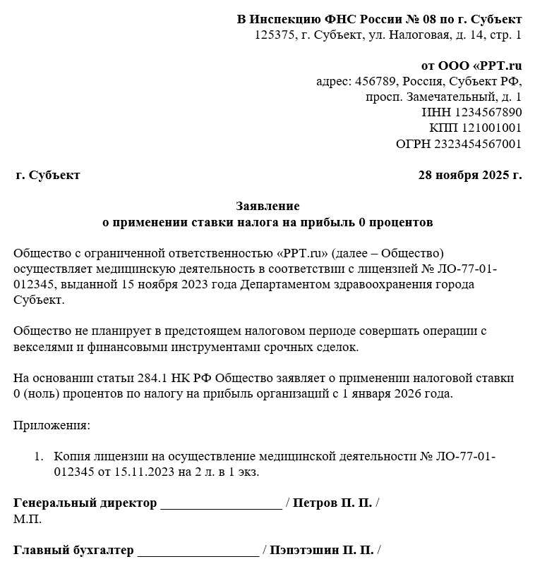 Уведомление в налоговую о применении ставки по налогу на прибыль 0%