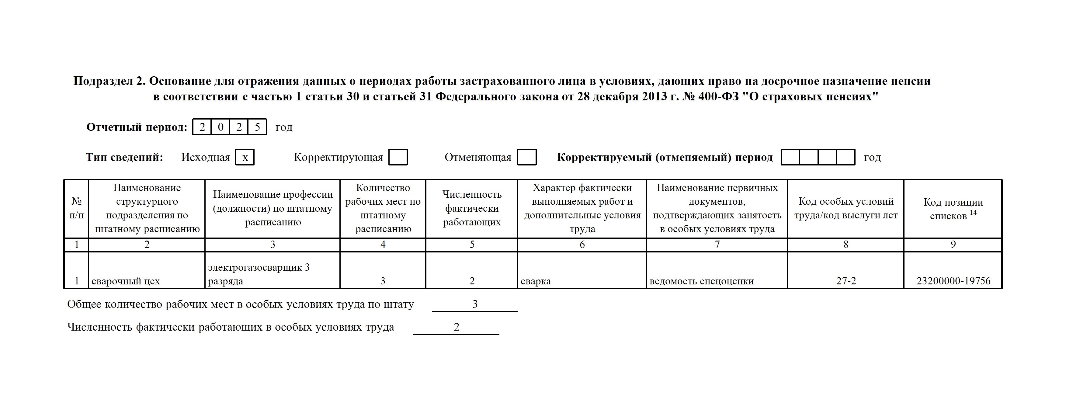 Пример заполнения подраздела 2 ЕФС-1