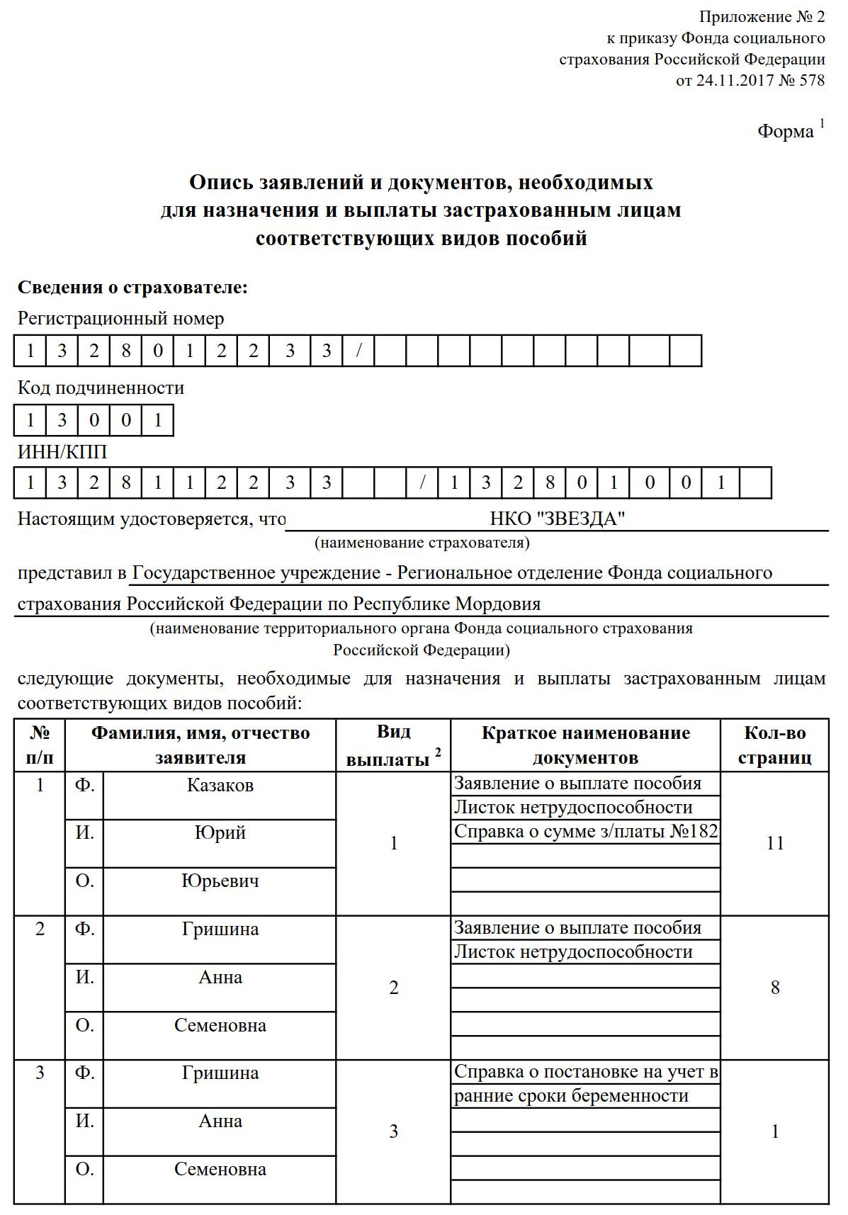 Опись ФСС — образец 2024