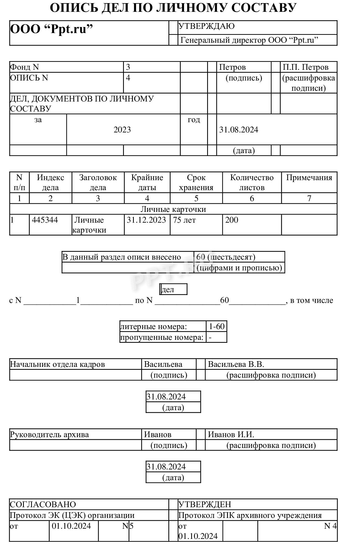 Образец описи дел по личному составу