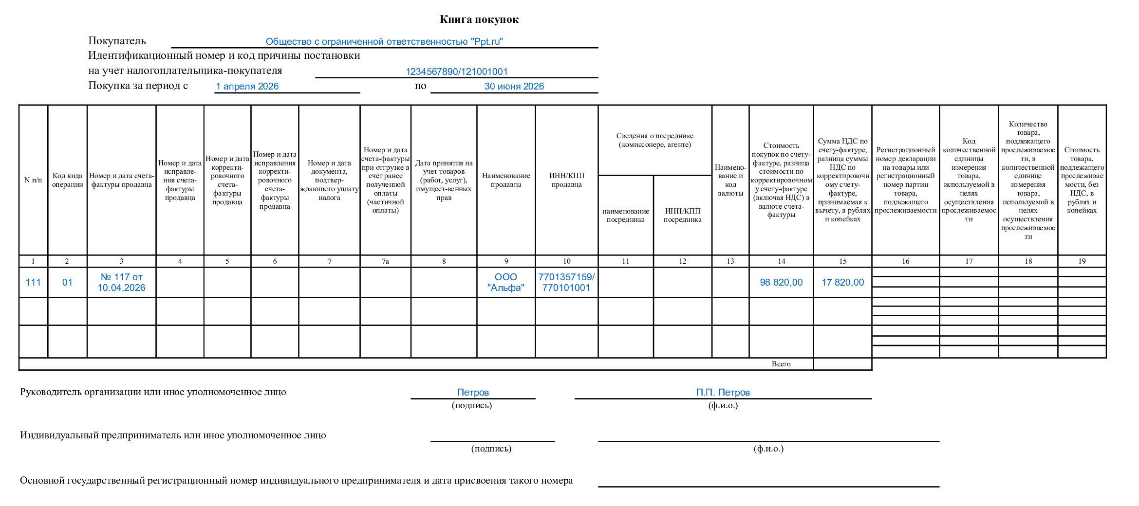 Книга покупок при закупке товаров