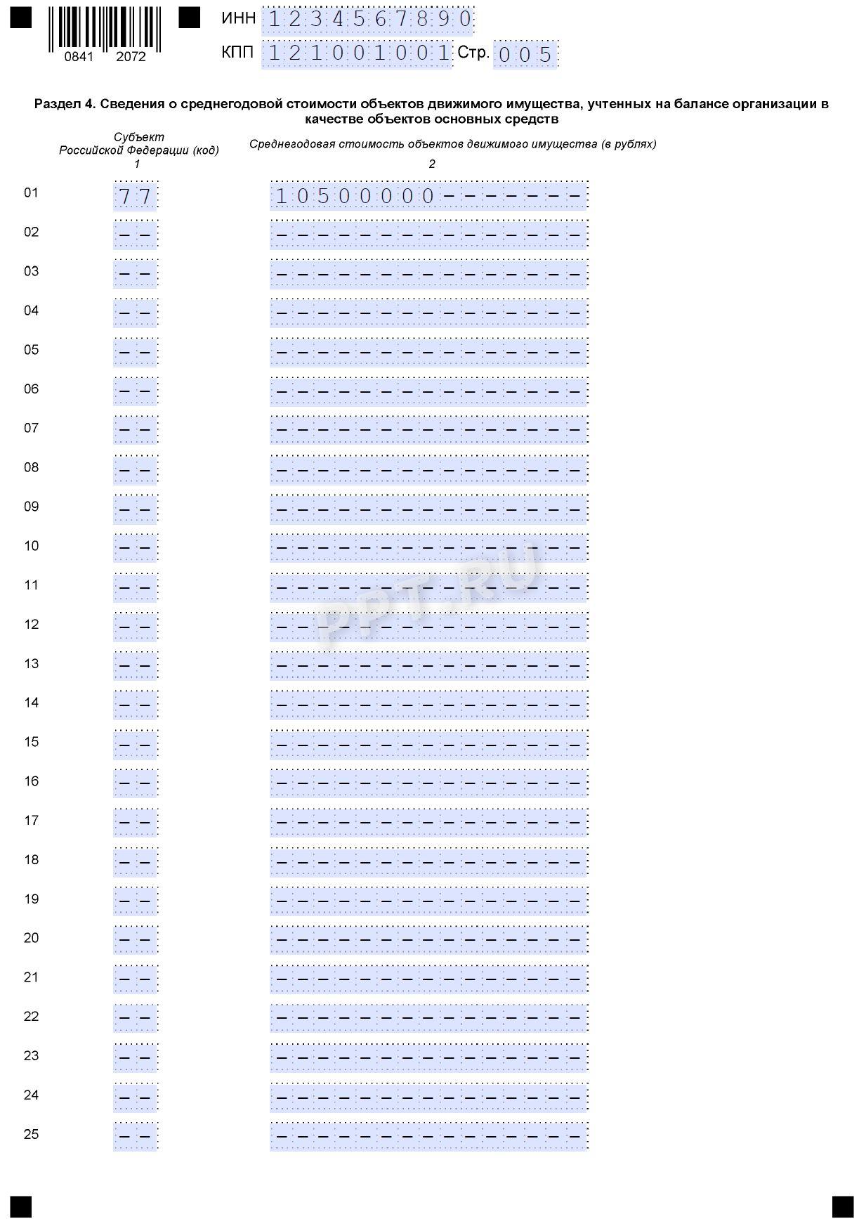 Образец декларации по налогу на имущество организаций за 2025 год (стр. 5)
