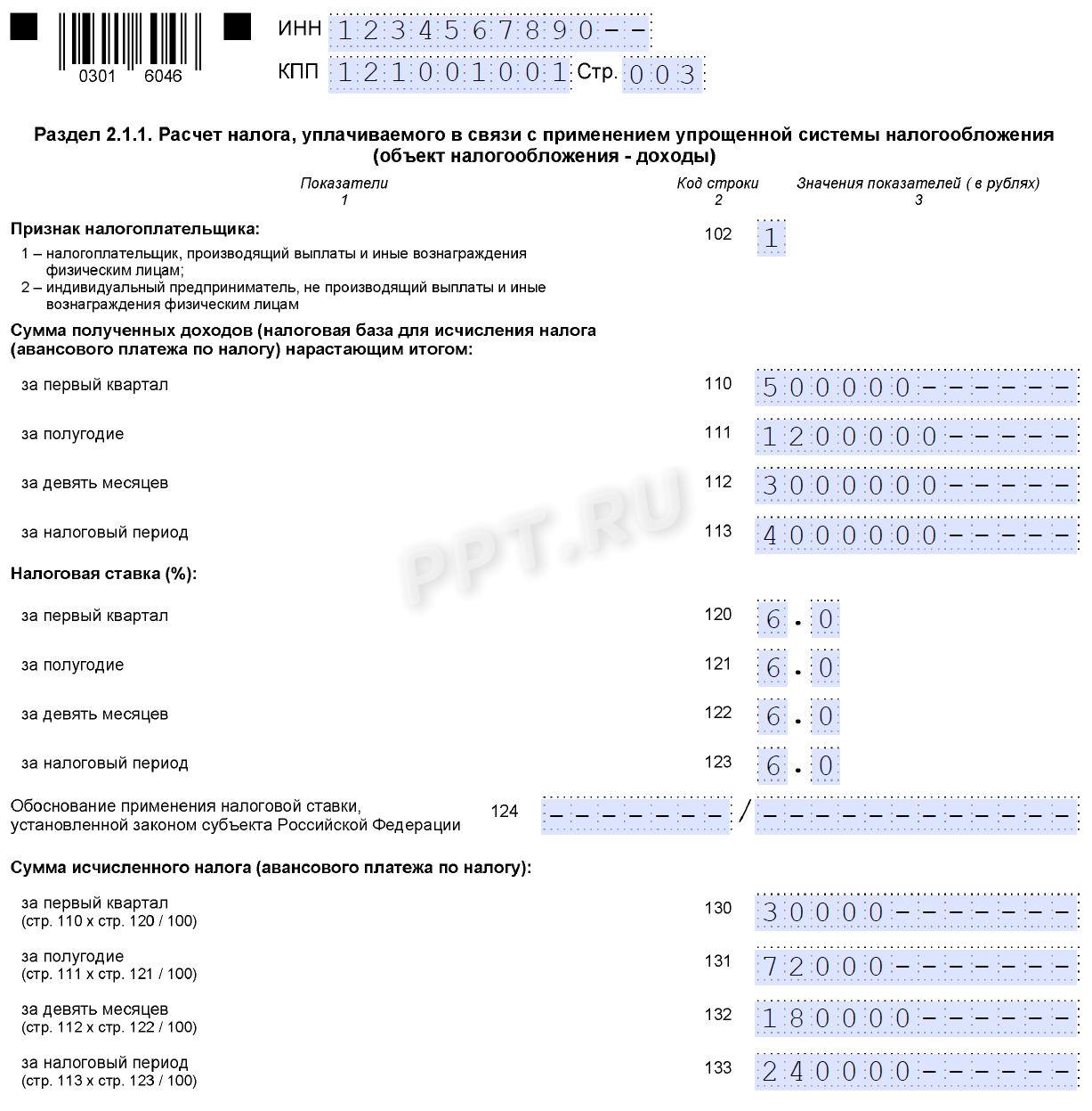 Образец декларации по УСН для ООО с объектом «Доходы» (стр. 3)
