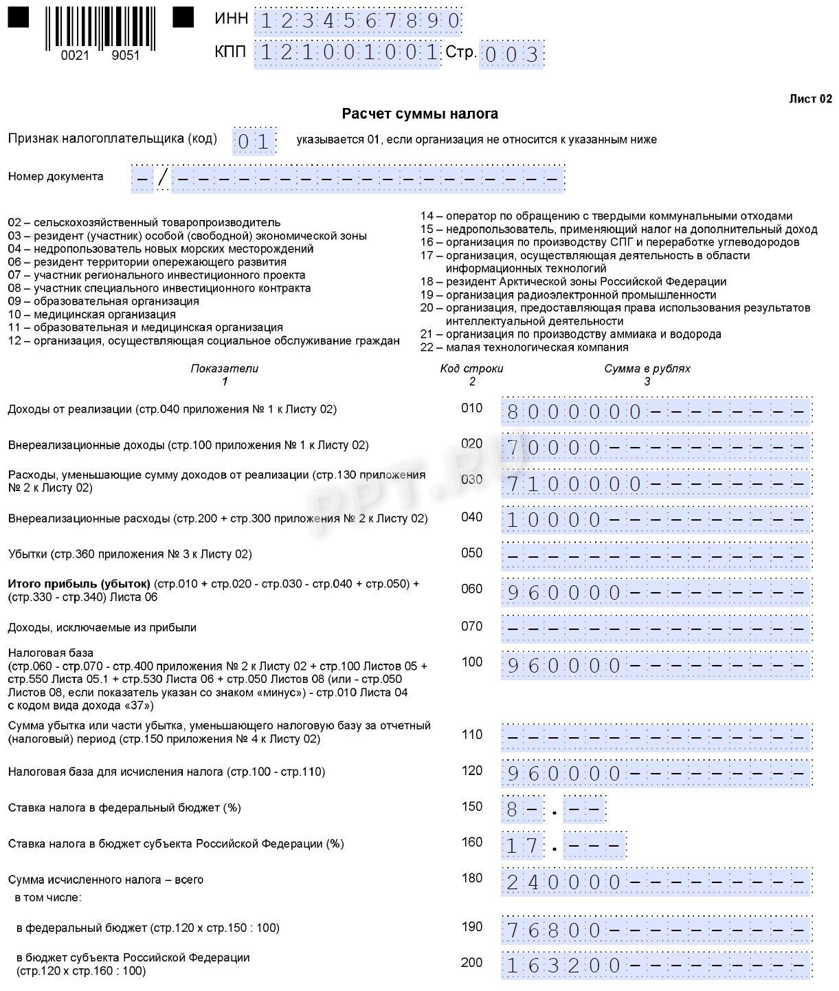 Образец заполнения декларации по налогу на прибыль за 1-й квартал 2026 года (стр. 3)