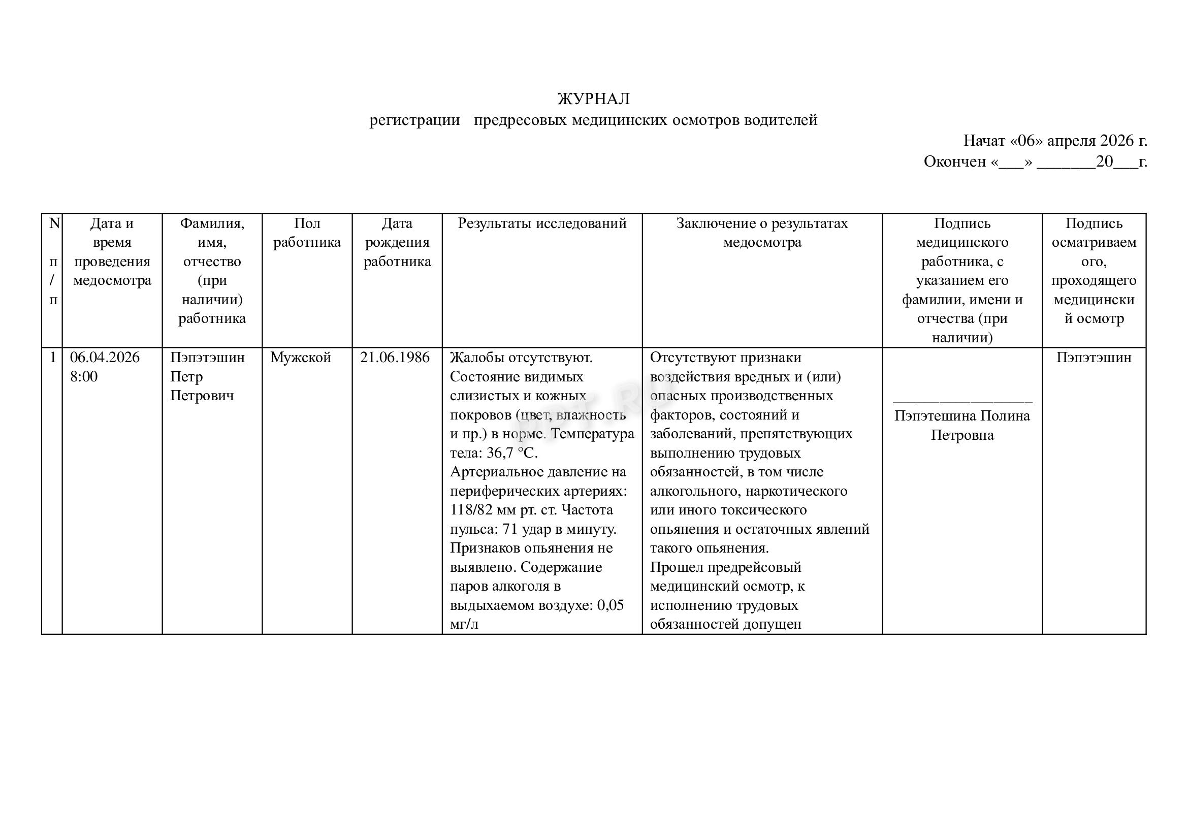 Журнал предрейсового осмотра