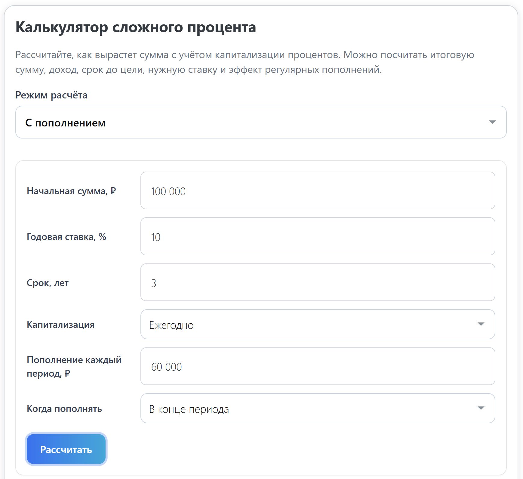 Расчет сложного процента с годовым пополнением вклада