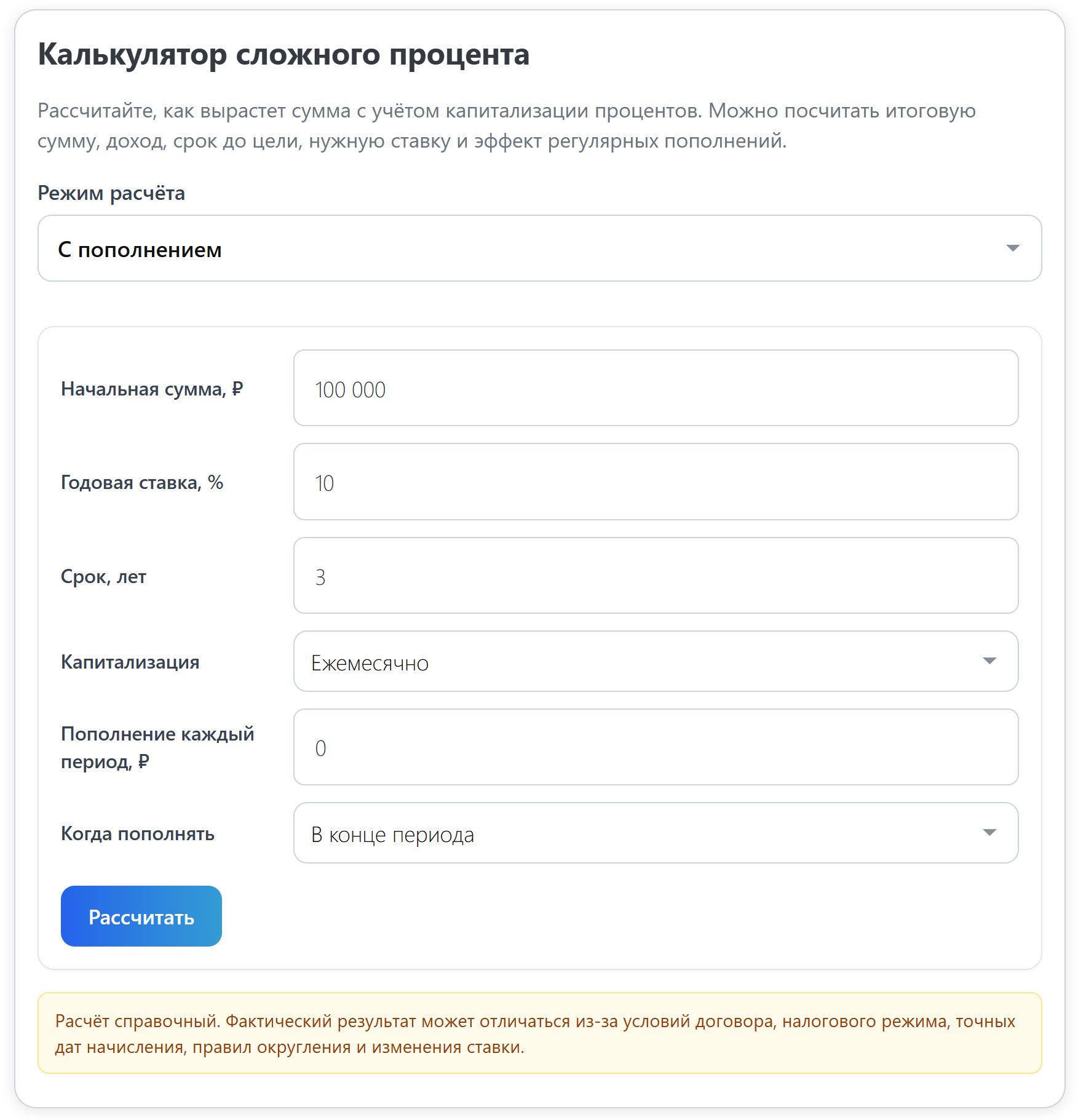 Калькулятор сложного процента по вкладу с пополнением