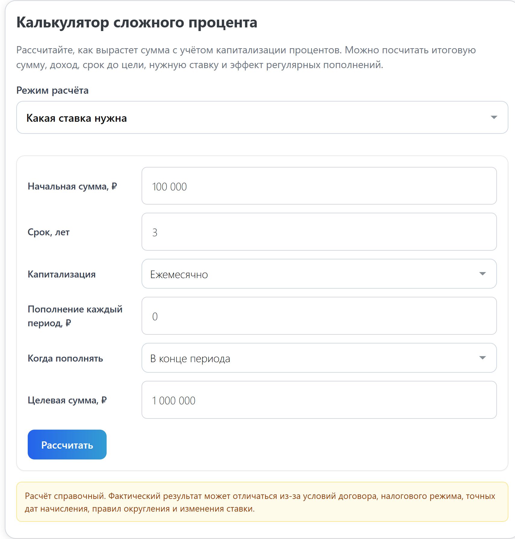 Калькулятор сложного процента по вкладу для подбора ставки