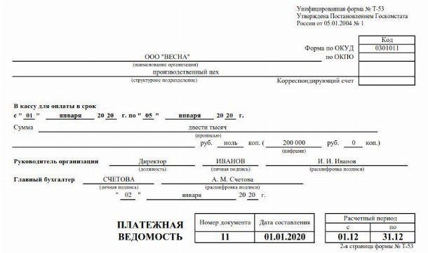 Реестр выплаты заработной платы образец