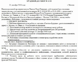 Трудовой договор с продавцом продуктового магазина у ип образец