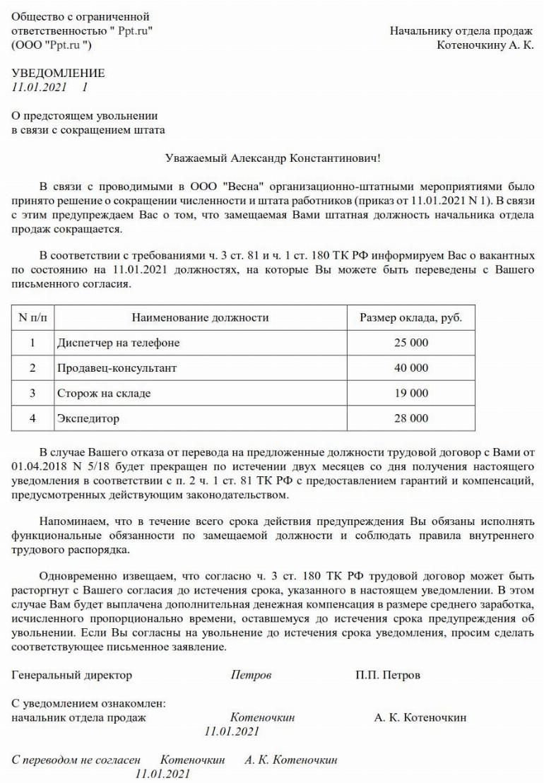 Уведомление об окончании срока трудового договора образец